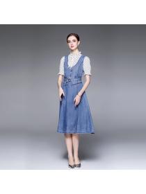 Summer fashion denim fake two-piece mid-length western style dress