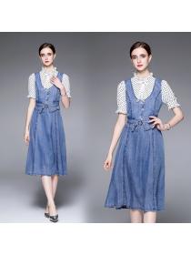 Summer fashion denim fake two-piece mid-length western style dress