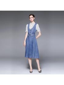 Summer fashion denim fake two-piece mid-length western style dress