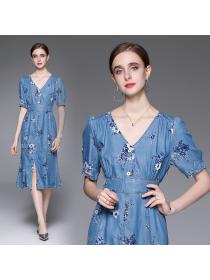 Summer mid-length fishtail dress slim fit V-neck printed denim dress