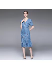 Summer mid-length fishtail dress slim fit V-neck printed denim dress