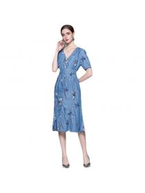 Summer mid-length fishtail dress slim fit V-neck printed denim dress