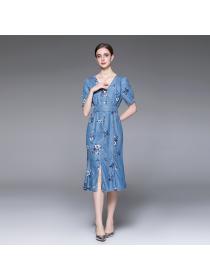 Summer mid-length fishtail dress slim fit V-neck printed denim dress