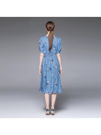 Summer mid-length fishtail dress slim fit V-neck printed denim dress