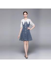 Summer jacquard denim dress lace sleeve umbrella dress