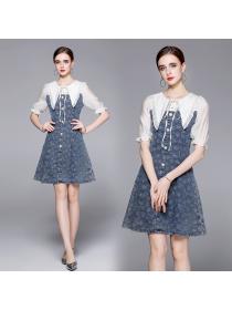 Summer jacquard denim dress lace sleeve umbrella dress