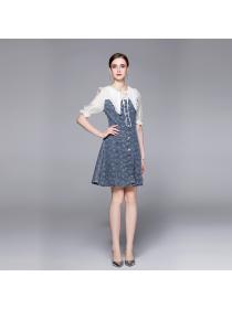 Summer jacquard denim dress lace sleeve umbrella dress