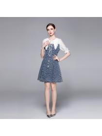 Summer jacquard denim dress lace sleeve umbrella dress