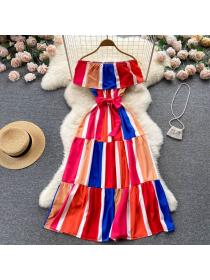 Holiday off-shoulder dress women's lace-up waist slim long dress