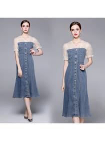 Summer polka-dot mesh stitching denim slim-fit fishtail dress