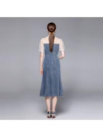 Summer polka-dot mesh stitching denim slim-fit fishtail dress