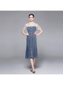 Summer polka-dot mesh stitching denim slim-fit fishtail dress