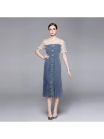 Summer polka-dot mesh stitching denim slim-fit fishtail dress