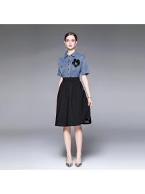 Summer new denim fake two-piece short-sleeved dress