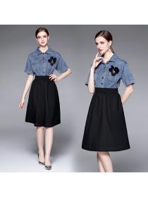 Summer new denim fake two-piece short-sleeved dress