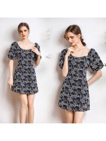 Summer new puff sleeves square neck dress women temperament A-line dress