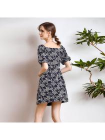 Summer new puff sleeves square neck dress women temperament A-line dress