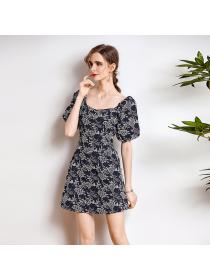 Summer new puff sleeves square neck dress women temperament A-line dress