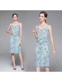 Summer new V-neck Floral print suspender denim dress