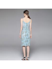 Summer new V-neck Floral print suspender denim dress