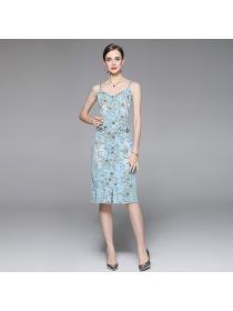 Summer new V-neck Floral print suspender denim dress