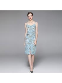 Summer new V-neck Floral print suspender denim dress