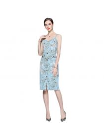 Summer new V-neck Floral print suspender denim dress