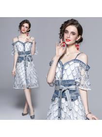 Summer new sexy off-shoulder sling mesh stitching denim dress