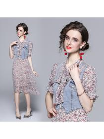 Summer new lace-up floral dress denim vest fake two-piece dress