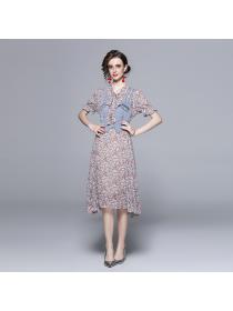 Summer new lace-up floral dress denim vest fake two-piece dress