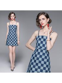 Summer new women's trend checkerboard suspenders denim dress