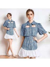 Summer high waist slim dress sequined puff sleeve denim dress