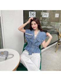 Hot sale V-neck Beaded Denim Loose Short Vest