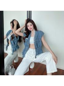 Hot sale V-neck Beaded Denim Loose Short Vest