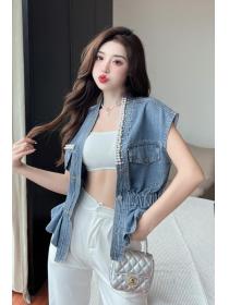 Hot sale V-neck Beaded Denim Loose Short Vest