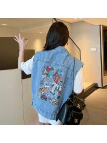 New fashion Korean style loose beaded denim vest