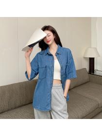 New Korean fashion Top Loose Short Sleeve Denim Shirt