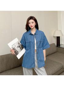 New Korean fashion Top Loose Short Sleeve Denim Shirt