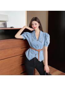 Vintage style Puff Sleeve Denim Short Sleeve Shirt + Belt