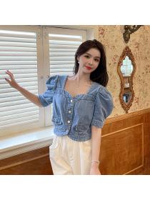 Summer women's fashion new square-neck short-sleeved denim top