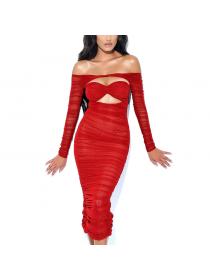 Outlet hot style Women's new sexy mesh pleated off shoulder dress