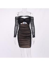 Outlet hot style Black sexy mesh pleated off shoulder bandage dress