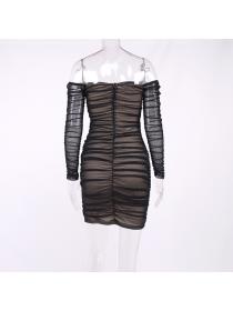 Outlet hot style Black sexy mesh pleated off shoulder bandage dress