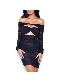 Outlet hot style Black sexy mesh pleated off shoulder bandage dress