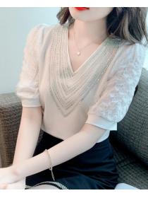 On Sale V  Collars Lace Matching Puff Sleeve Blouse 