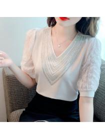 On Sale V  Collars Lace Matching Puff Sleeve Blouse 