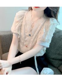 Discount V  Collars Chiffon Hollow Out  Blouse 