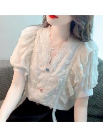 Discount V  Collars Chiffon Hollow Out  Blouse 