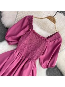 Vintage style Square Neck Puff Sleeves  A-line Dress Elegant Large Swing Long dress
