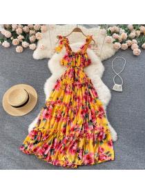 Seaside holiday style pleated long skirt chiffon print dress